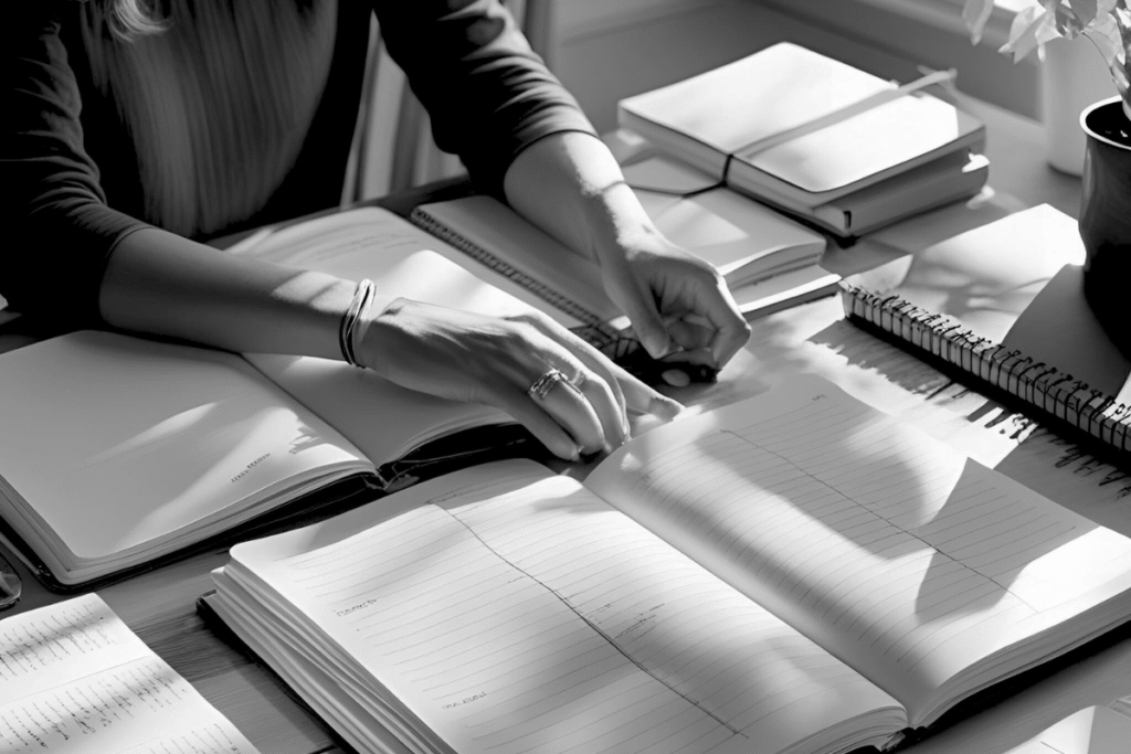 Una persona seduta alla sua scrivania sta scrivendo per organizzare meglio la sua mente. Vuole ottenere più spazio mentale. 